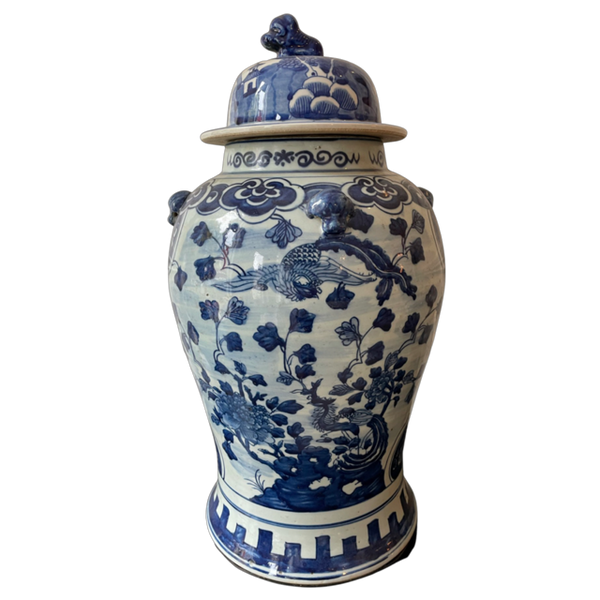 Blue & White Tall Bordered Temple Jar