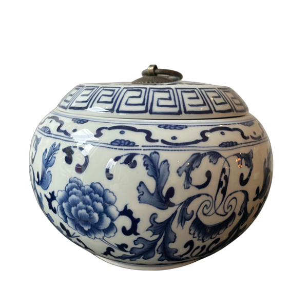 Hand Painted Blue & White Canister with Metal Ring