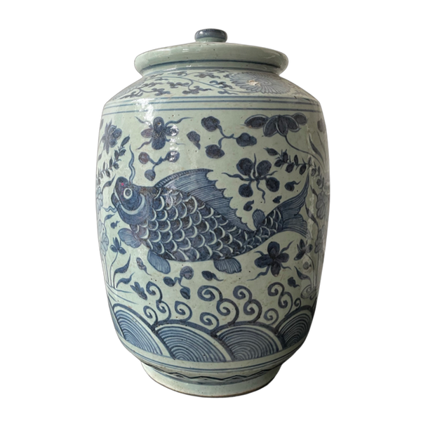 Tall Blue & White Fish Jar