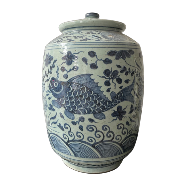 Tall Blue & White Fish Jar